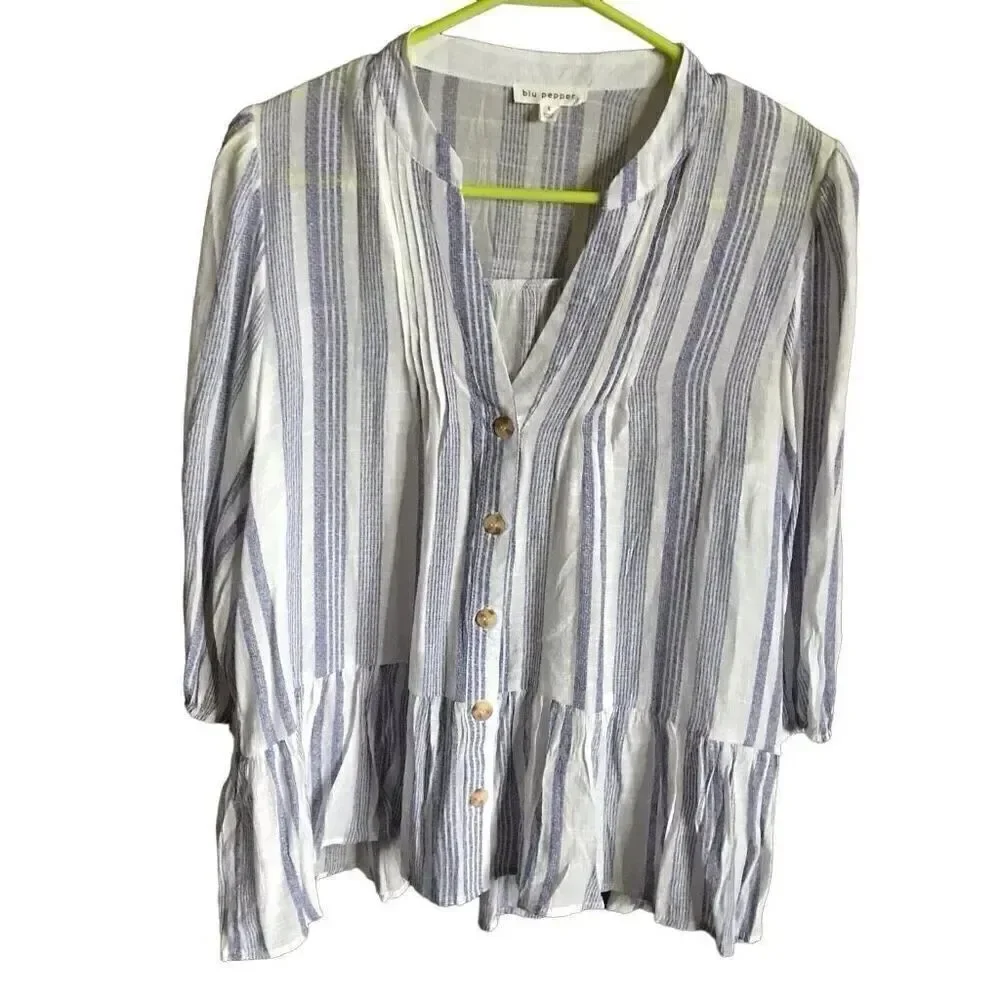 Blu pepper blue white striped blouse top 3/4 sleeve size Large Ruffle